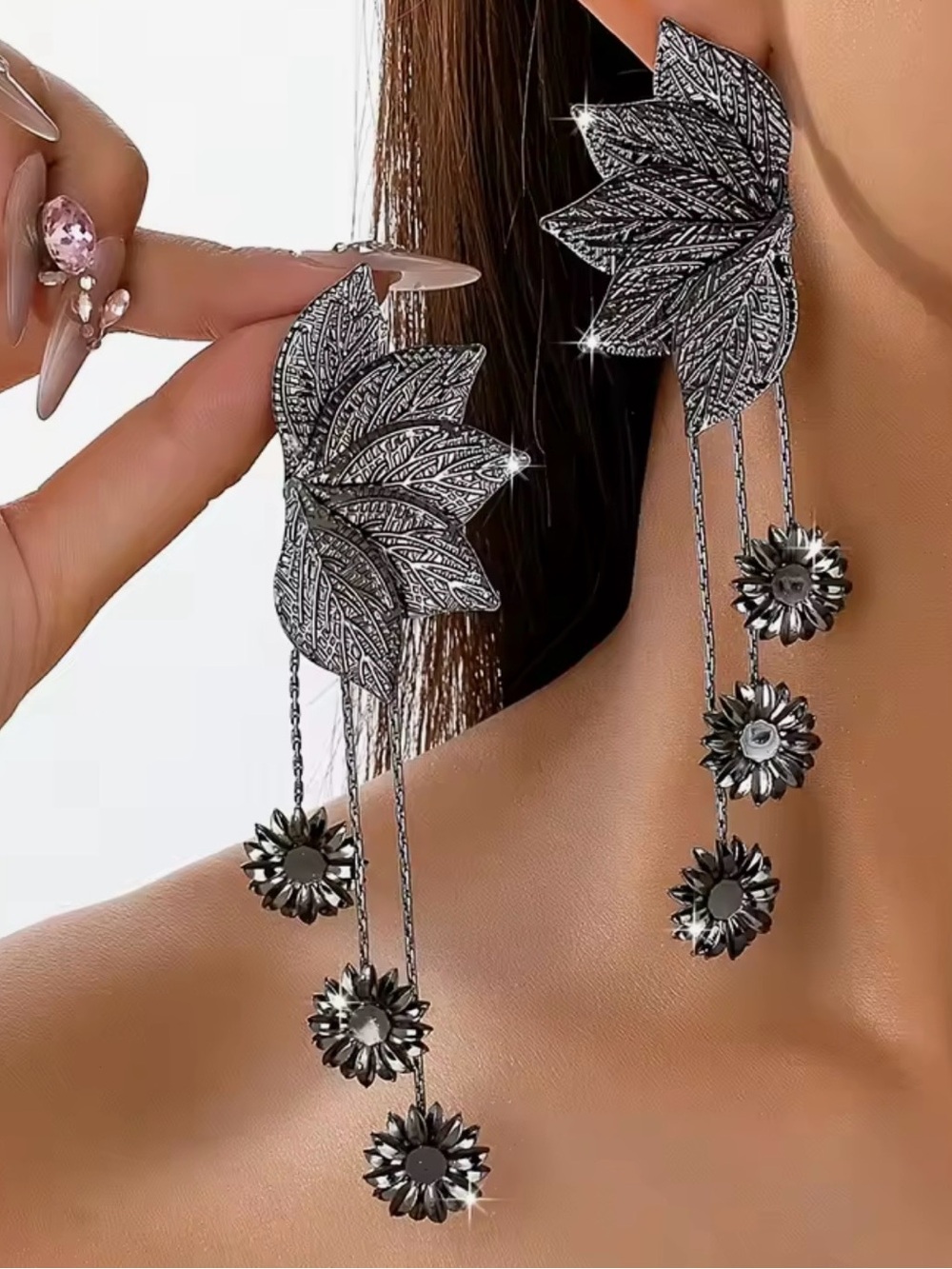 NEW Statement Leaf & Dangle Flower Earrings in Gunmetal